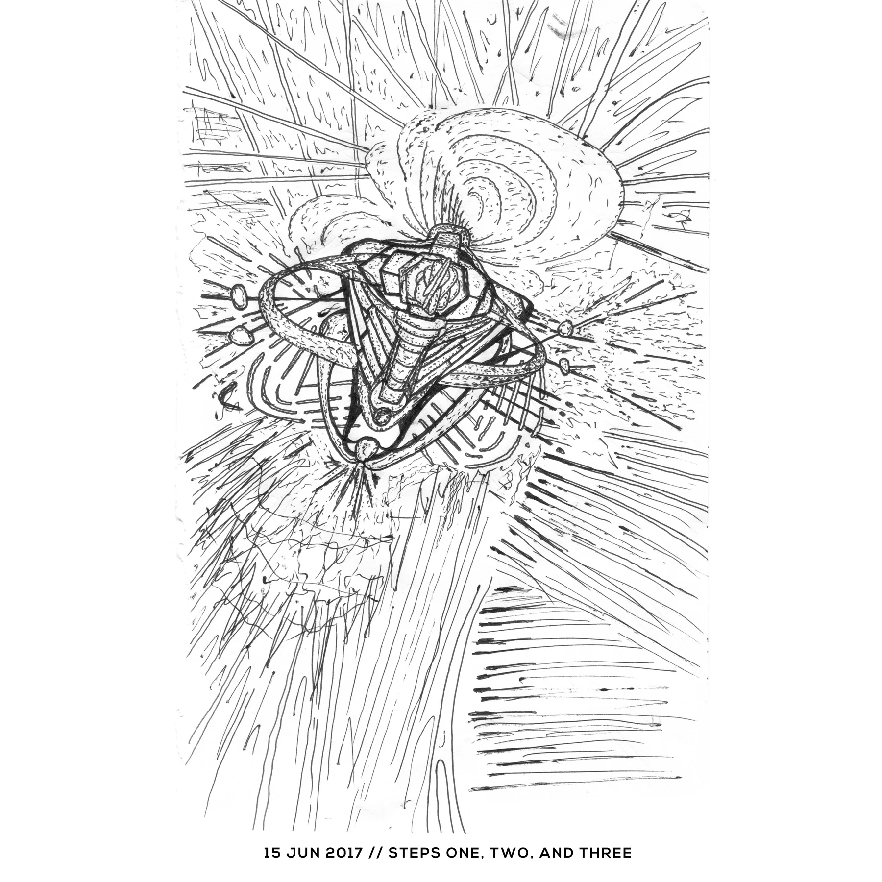Ink drawing — steps one, two, and three, 15 June 2017
