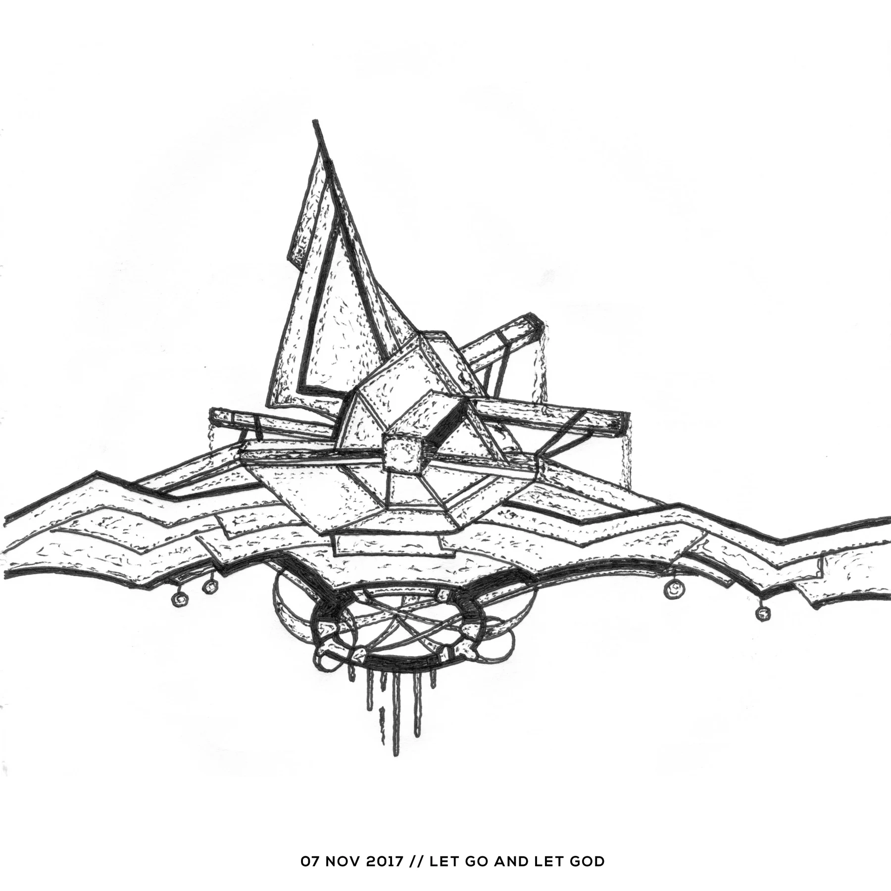 Ink drawing — let go and let god, 7 November 2017